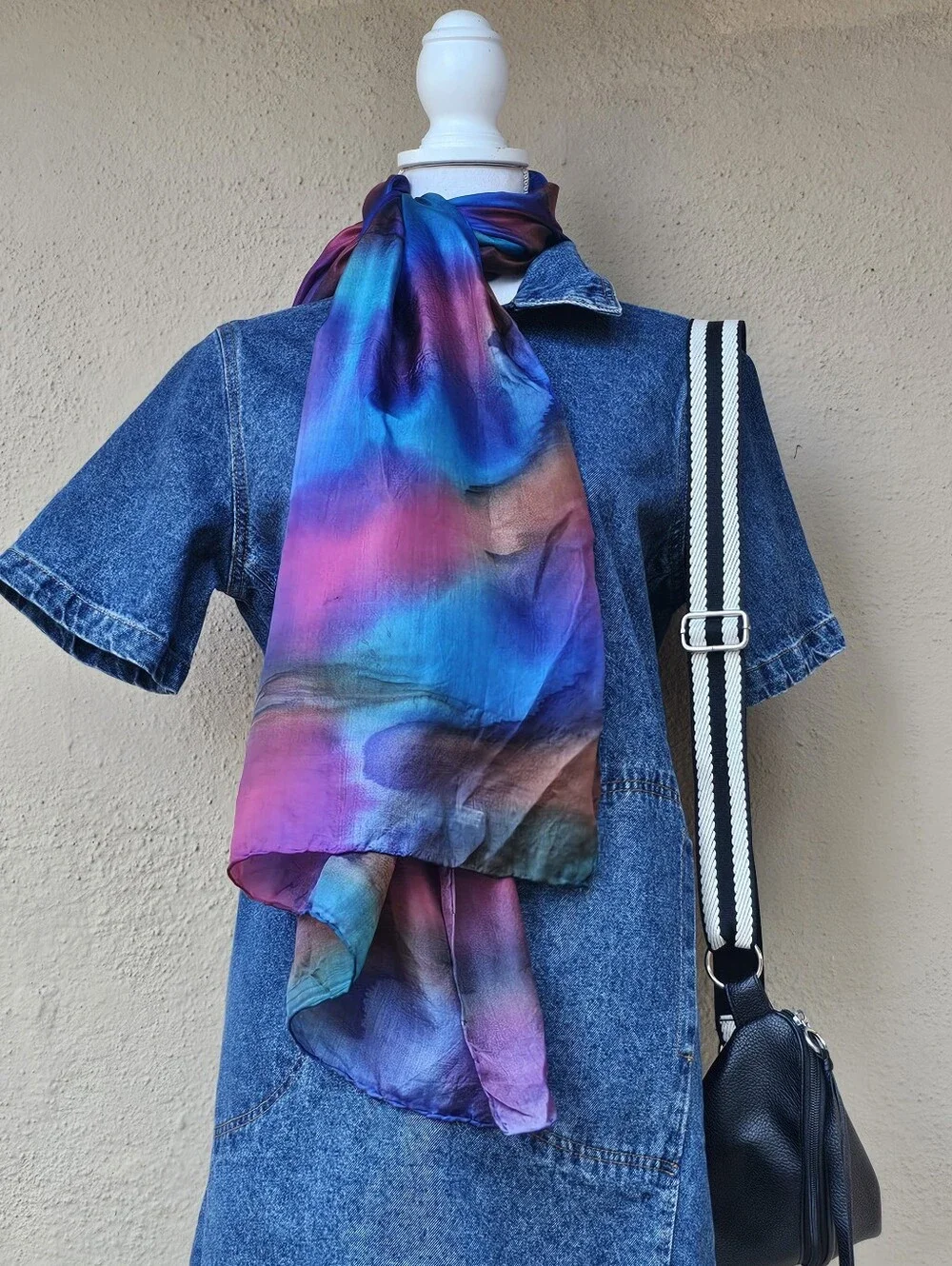 100% Silk Scarf Oil Spill Wearable Art Purple & Blue Multicolor W/ Drips